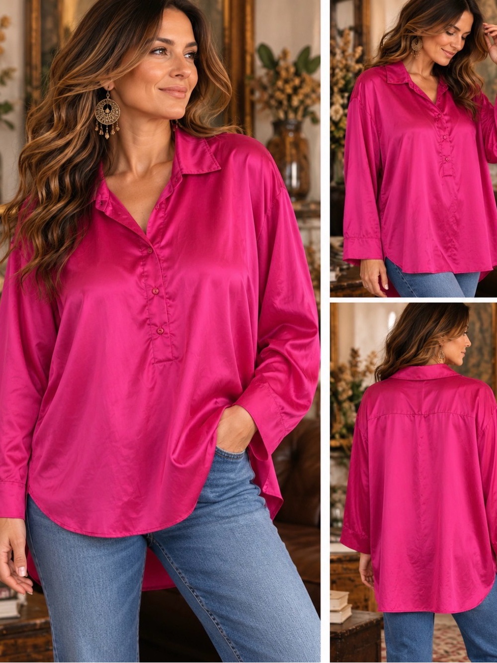 Steven Barry II - vintage - bright shocking pink , satin top- 4 button collar